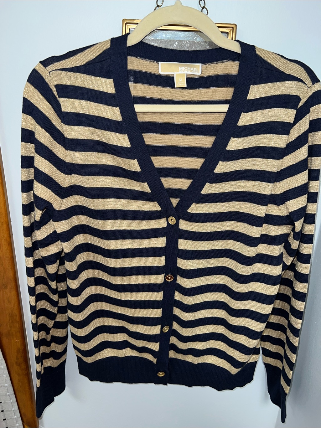 Michael Kors Navy And Tan Striped Button-Up V-Neck Cardigan